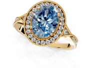Halo Engagement Ring Setting for Fancy Blue Oval Center with Milgrain Rim, Pave Band and Prong Head in Yellow Gold