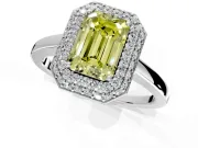 Halo Engagement Ring Setting for Fancy Yellow Emerald Cut Center with Plain Tapered Band and Prong Head in Platinum