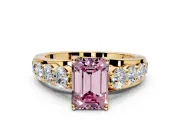 Solitaire Engagement Ring Setting for Fancy Pink Emerald Cut Center with Graduated Shared Prongs and Prong Head in Yellow Gold
