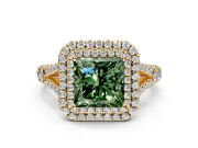 Double Halo Engagement Ring Setting for Fancy Green Princess Cut Center with Narrow Pave Split Shank and Prong Head in Yellow Gold
