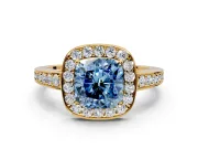 Bezel-Framed Halo Engagement Ring Setting for Fancy Blue Cushion Cut Center with Pave Band and Prong Head in Yellow Gold