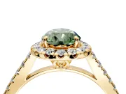 Halo Engagement Ring Setting for Fancy Green Pear-Shaped Center with Raised Halo, Pave Band and Prong Head in Yellow Gold