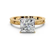 Solitaire Engagement Ring Setting for Princess Cut Center with Engraved Milgrain Band and Prong Head in Yellow Gold