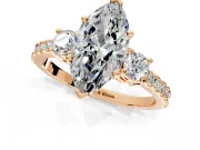 3 Stone Engagement Ring Setting for Marquise Center with Round Cut Side Accents and Prong Head in Rose Gold