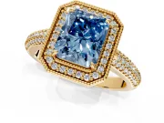 Milgrain Halo Engagement Ring Setting for Fancy Blue Radiant Cut Center with Three-Sided Pave Band and Prong Head in Yellow Gold