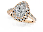 Halo Engagement Ring Setting for Pear-Shaped Center with Raised Halo, Pave Band and Prong Head in Rose Gold