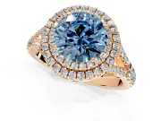 Double Halo Engagement Ring Setting for Fancy Blue Round Cut Center with Narrow Pave Split Shank and Prong Head in Rose Gold