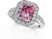 Bezel-Framed Halo Engagement Ring Setting for Fancy Pink Radiant Cut Center with Pave Band and Prong Head in White Gold