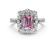 Milgrain Halo Engagement Ring Setting for Fancy Pink Emerald Cut Center with Bezel Point Accents and Prong Head in White Gold