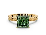 Solitaire Engagement Ring Setting for Fancy Green Princess Cut Center with Engraved Milgrain Band and Prong Head in Yellow Gold