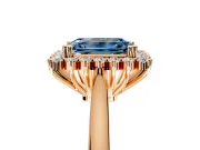 Starburst Halo Engagement Ring Setting for Fancy Blue Emerald Cut Center with Thin Round-Wire Band and Prong Head in Rose Gold