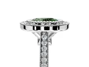 Halo Engagement Ring Setting for Fancy Green Oval Center with Milgrain Frame, Pave Band and Prong Head in Platinum