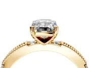Solitaire Engagement Ring Setting for Emerald Cut Center with Milgrain-Edged Pave Band and Prong Head in Yellow Gold