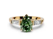 3 Stone Engagement Ring Setting for Fancy Green Pear-Shaped Center with Tapered Baguettes, Plain Band and Prong Head in Yellow Gold