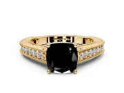 Solitaire Engagement Ring Setting for Fancy Black Cushion Cut Center with Engraved Pave Band and Prong Head in Yellow Gold