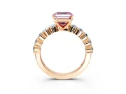 Shared-Prong Engagement Ring Setting for Fancy Pink Asscher Cut Center with Graduated Accents and Prong Head in Rose Gold