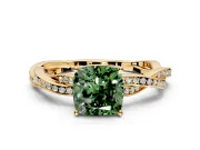 Solitaire Engagement Ring Setting for Fancy Green Cushion Cut Center with Twisted Pave Band and Prong Head in Yellow Gold