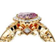 Milgrain Halo Engagement Ring Setting for Fancy Pink Heart-Shaped Center with Shoulder Bezels and Prong Head in Yellow Gold