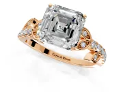 Leaf Motif Engagement Ring Setting for Asscher Cut Center with Pave Band and Prong Head in Rose Gold