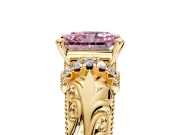 Solitaire Engagement Ring Setting for Fancy Pink Radiant Cut Center with Filigree Accent Basket and Prong Head in Yellow Gold