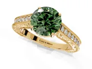 Solitaire Engagement Ring Setting for Fancy Green Round Cut Center with Engraved Pave Band and Prong Head in Yellow Gold