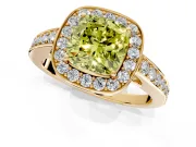 Bezel-Framed Halo Engagement Ring Setting for Fancy Yellow Cushion Cut Center with Pave Band and Prong Head in Yellow Gold