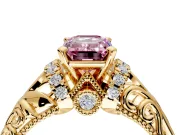 Solitaire Engagement Ring Setting for Fancy Pink Emerald Cut Center with Filigree Accent Basket and Prong Head in Yellow Gold