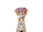 3 Stone Engagement Ring Setting for Fancy Pink Cushion Cut Center with Pave Split Shank and Prong Head in Rose Gold
