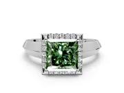 Halo Engagement Ring Setting for Fancy Green Princess Cut Center with Knife Ridge Cathedral Band and Prong Head in White Gold