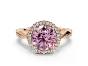 Halo Engagement Ring Setting for Fancy Pink Round Cut Center with Twist Band and Prong Head in Rose Gold