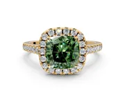 Halo Engagement Ring Setting for Fancy Green Cushion Cut Center with Raised Halo, Pave Band and Prong Head in Yellow Gold
