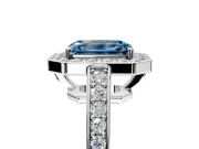 Bezel-Framed Halo Engagement Ring Setting for Fancy Blue Emerald Cut Center with Pave Band and Prong Head in Platinum