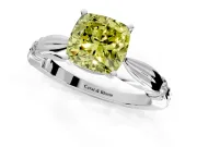 Solitaire Engagement Ring Setting for Fancy Yellow Cushion Cut Center with Carved Leaf Shoulders and Prong Head in Platinum
