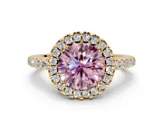 Pave Halo Engagement Ring Setting for Fancy Pink Round Cut Center with Single Row Pave Band and Prong Head in Yellow Gold