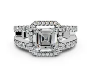 Halo Engagement Ring Setting for Asscher Cut Center with Wide-Open Pave Split Shank and Prong Head in White Gold