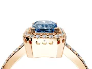 Halo Engagement Ring Setting for Fancy Blue Radiant Cut Center with Inner Milgrain Border and Prong Head in Rose Gold