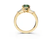 3 Stone Engagement Ring Setting for Fancy Green Cushion Cut Center with Channel Baguette Accents and Prong Head in Yellow Gold