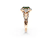 Halo Engagement Ring Setting for Fancy Green Emerald Cut Center with Two-Strand Split Shank and Prong Head in Rose Gold