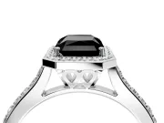 Halo Engagement Ring Setting for Fancy Black Radiant Cut Center with Pave Accents, Heart Basket and Prong Head in Sterling Silver