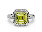 Bezel-Framed Halo Engagement Ring Setting for Fancy Yellow Asscher Cut Center with Pave Band and Prong Head in White Gold