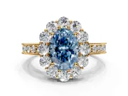 Halo Engagement Ring Setting for Fancy Blue Oval Center with Milgrain Channel Band and Prong Head in Yellow Gold