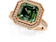 Halo Engagement Ring Setting for Fancy Green Asscher Cut Center with Milgrain Pave Band and Bezel Head in Rose Gold