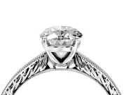 Solitaire Engagement Ring Setting for Oval Center with Engraved Milgrain Band and Prong Head in Platinum