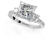 3 Stone Engagement Ring Setting for Princess Cut Center with Round Cut Side Accents and Prong Head in Sterling Silver