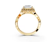 Halo Engagement Ring Setting for Princess Cut Center with Leaf Motif Split Shank and Prong Head in Yellow Gold