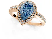 Accent Halo Engagement Ring Setting for Fancy Blue Pear-Shaped Center with Full-Length Pave Band and Prong Head in Rose Gold