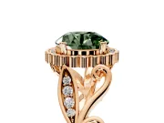 Halo Engagement Ring Setting for Fancy Green Round Cut Center with Leaf Motif Split Shank and Prong Head in Rose Gold