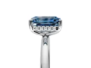 Hidden Halo Engagement Ring Setting for Fancy Blue Emerald Cut Center with Thin Round-Wire Band and Prong Head in Sterling Silver