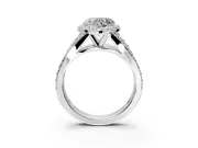 Halo Engagement Ring Setting for Heart-Shaped Center with Narrow Pave Split Shank and Prong Head in White Gold
