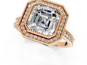 Halo Engagement Ring Setting for Asscher Cut Center with Milgrain Pave Band and Bezel Head in Rose Gold